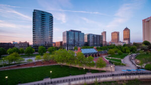 North Bank Park looking north toward the Arena District and Parks Edge Condominiums. Credit: Nationwide Realty Investors.
